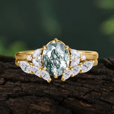 Luxury 6-Prong Oval-Cut Natural Moss Agate Engagement Ring Set